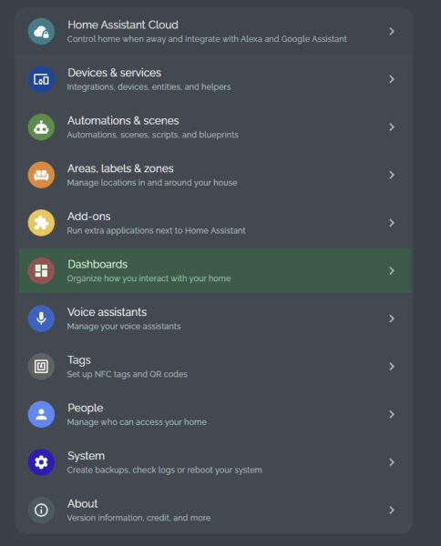 Accessing Dashboards option in Home Assistant