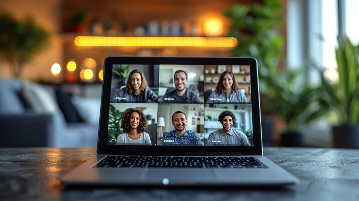 Virtual team meeting on a laptop with a visual meeting reminder
