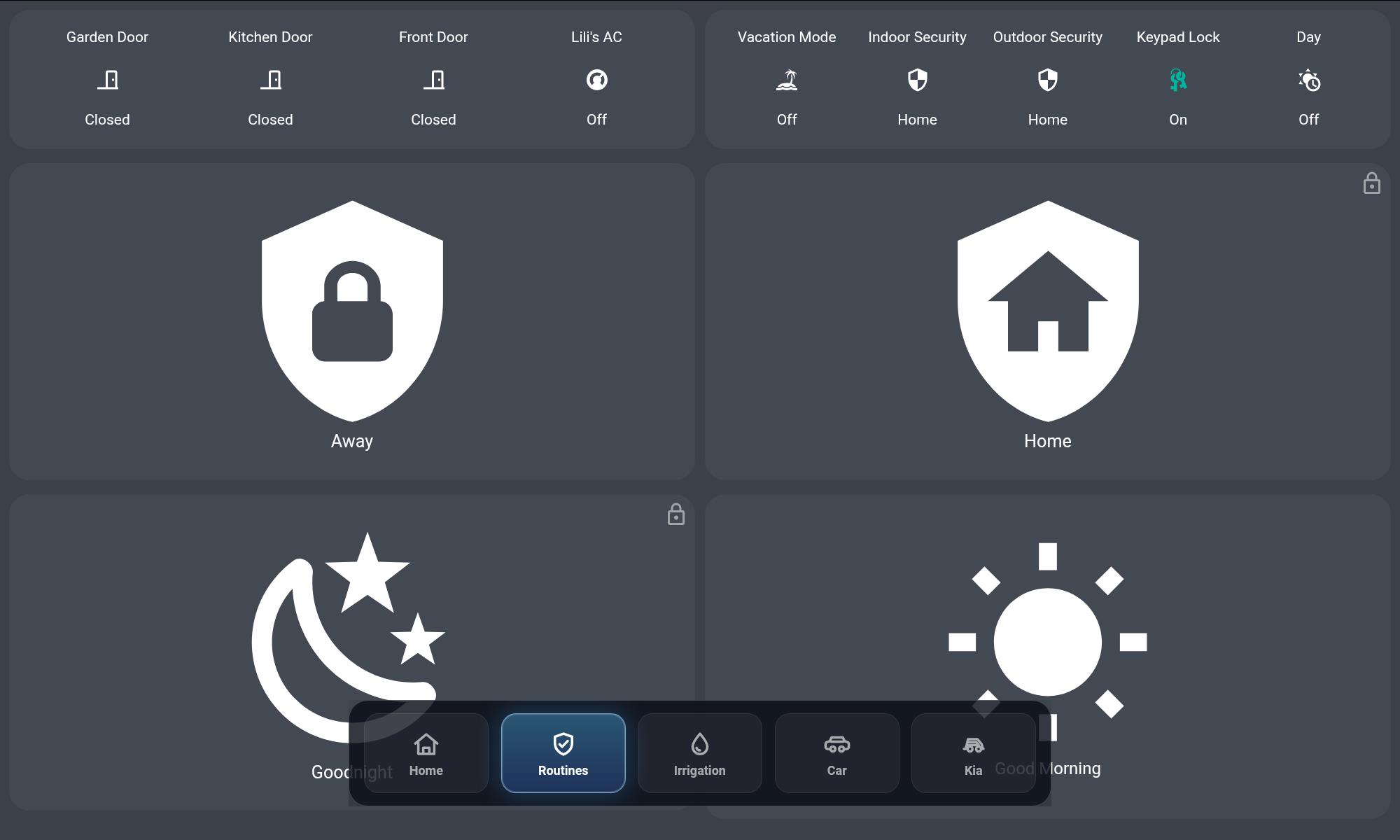 Home Assistant dashboard overlay with Routines tab selected